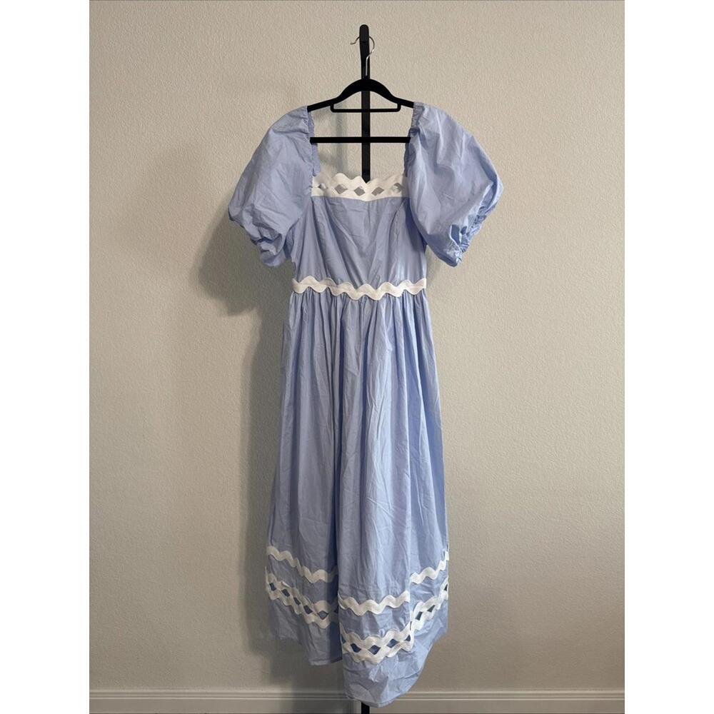 $220 NWT English Factory Powder Blue 100% Cotton Scallop Trim Midi Dress - MED